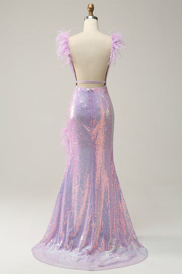 Mermaid Sweetheart Purple Paljetter Lång balklänning med fjäder